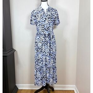 Talbots Womens Midi Shirt Dress Size 2 Blue Watercolor Dot Button Front Modest